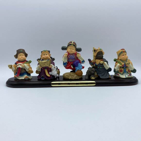Five Prosperity God Miniture Figurines With Wooden Stand, Vintage, Handpainted - Picture 1 of 11